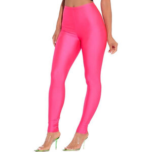Women’s Shiny High Waist Leggings – Ofenti – Neon Coral Pink – Size L – NWT
